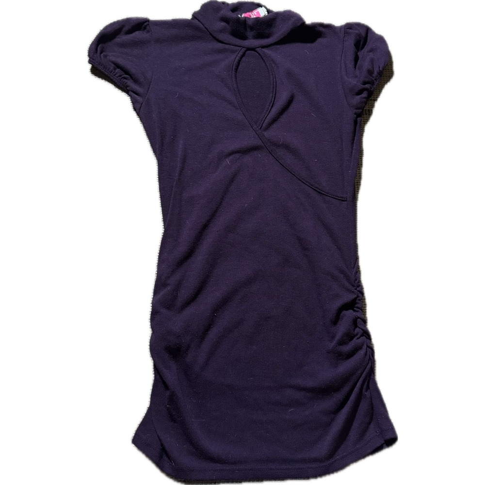 What's Hot Purple Keyhole High Neck Top Ruched Short Sleeve Puff Sleeve Slim Fit